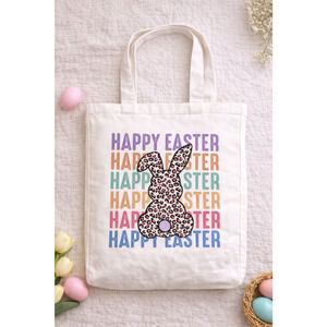 Happy Easter Bunny Tote Bag | Leopard Print Easter Tote